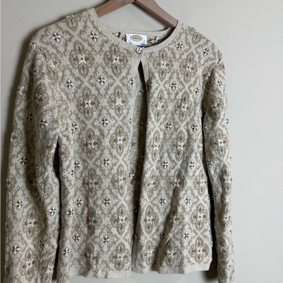 Vintage Talbots Womens Floral 3D Print Button Cardigan Sweater Large Tan Grandma - Picture 2 of 5